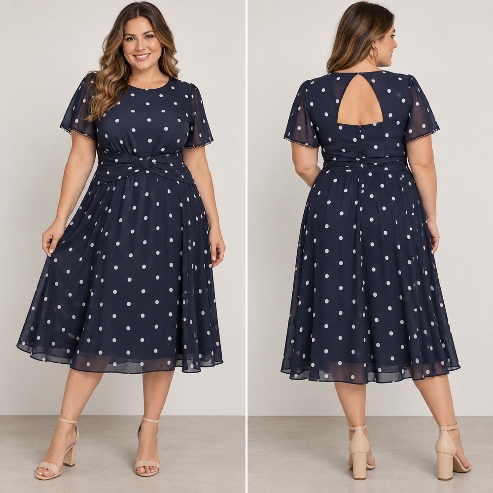 City Chic Polka Dot Fit & Flare Midi Dress Women's 16 Navy White Keyhole Spot